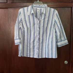 Blue, white and tan button up blouse.